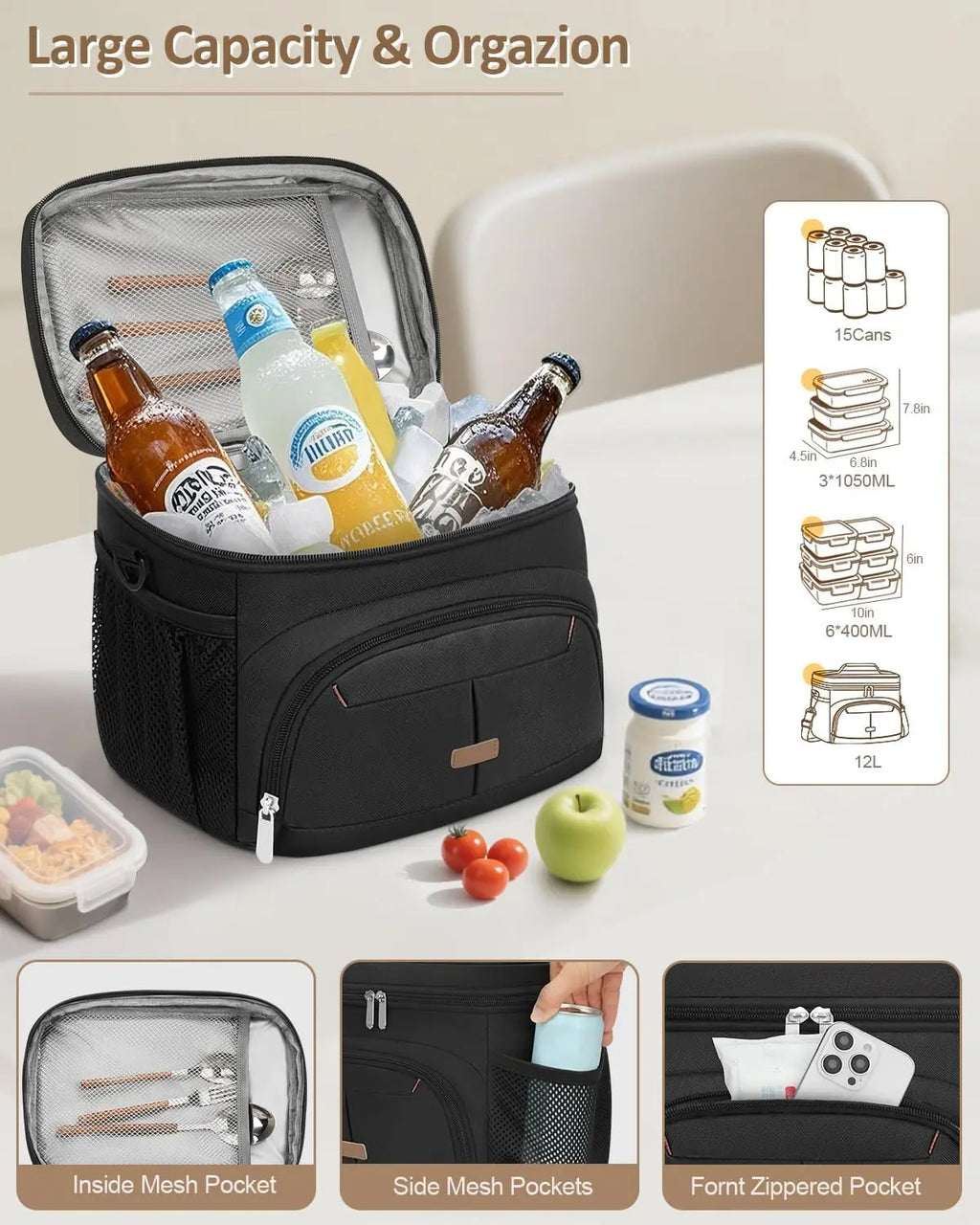 Insulated Lunch Bag, Leakproof Cooler Tote with Removable Strap, 12L for Work School Picnic Travel