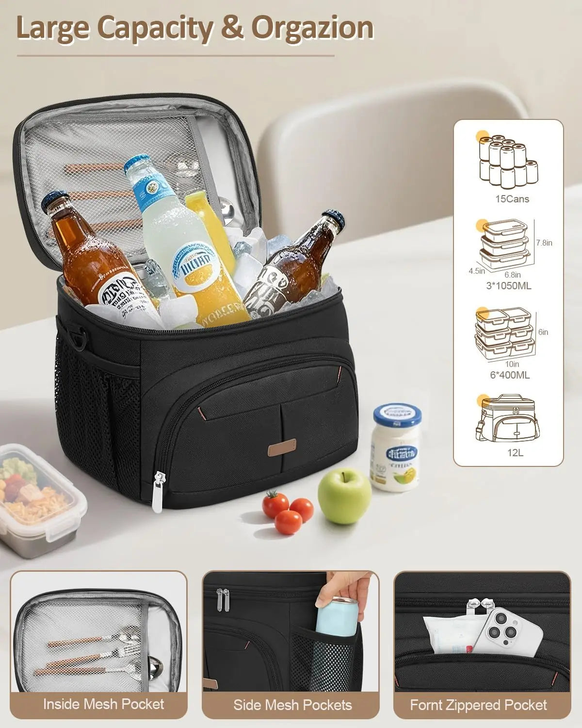 Insulated Lunch Bag, Leakproof Cooler Tote with Removable Strap, 12L for Work School Picnic Travel