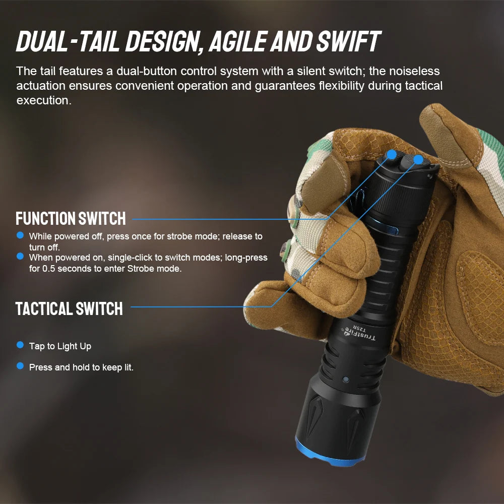 Trustfire T25R 2000 Lumen Dual-Tail-Switch Tactical Flashlight One-Touch Strobe Type-C Rechargeable Battery IPX7 Waterproof