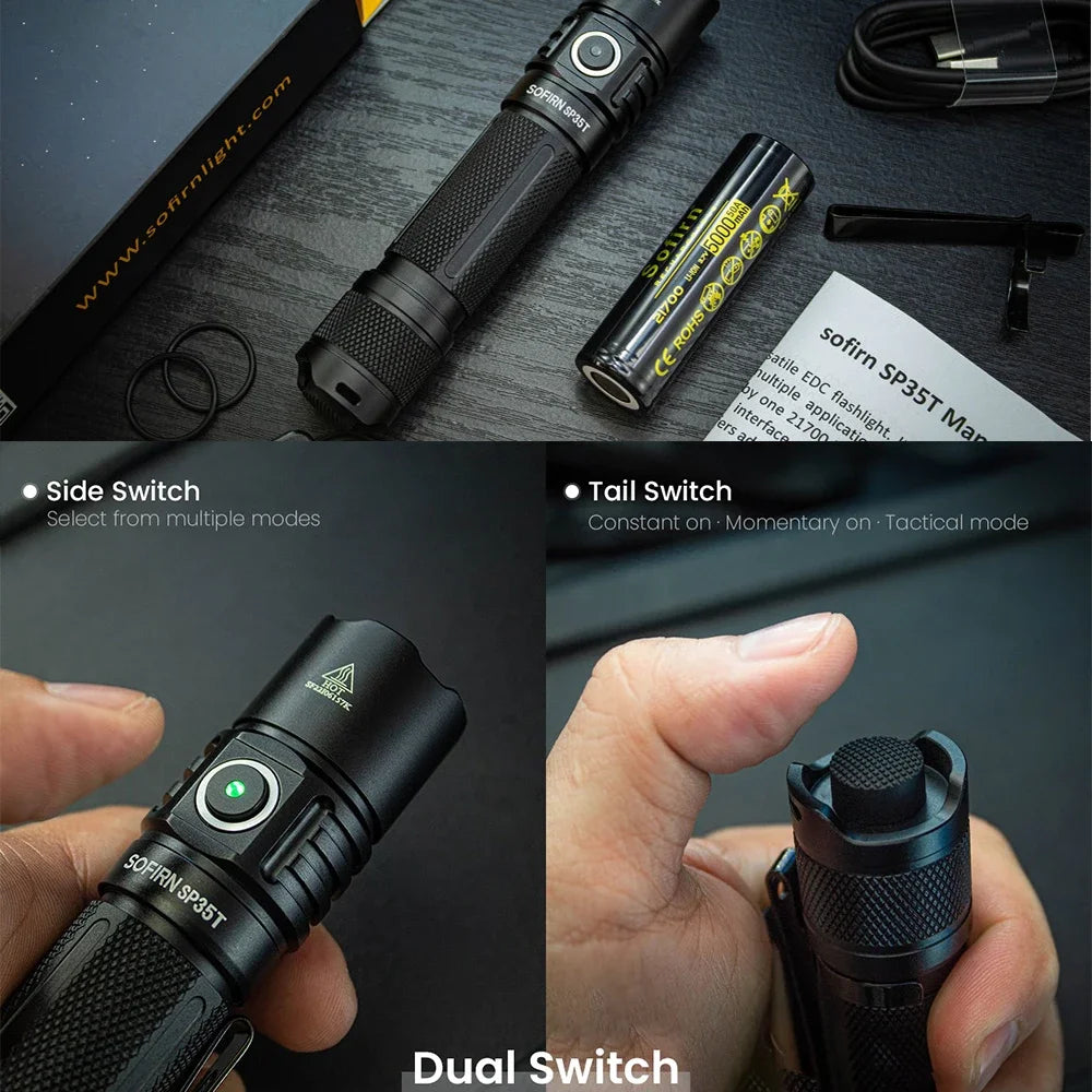 3800lm Tactical 21700 Flashlight Powerful LED Light USB C Rechargeable Torch with Dual Switch Power Indicator ATR