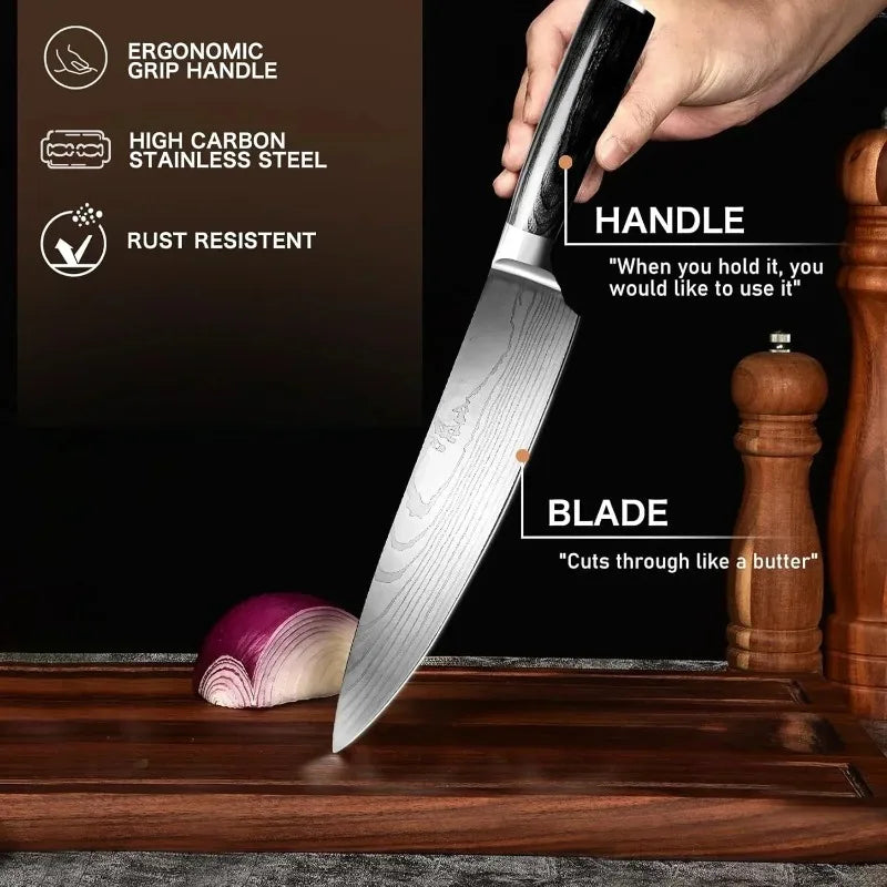 5-Piece Kitchen Knife Set Damascus Pattern Stainless Steel Chef Knives with Pakkawood Handle
