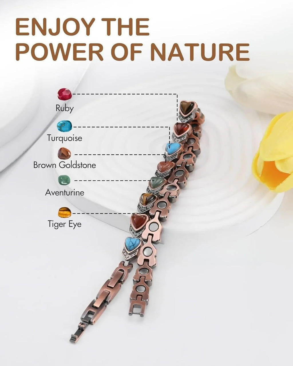 Pure Copper Bracelets, Ultra Strength Magnetic Bracelet with 3800 Gauss Magnets & Natural Turquoise & Stones, Adjustable, Jewelry Gift