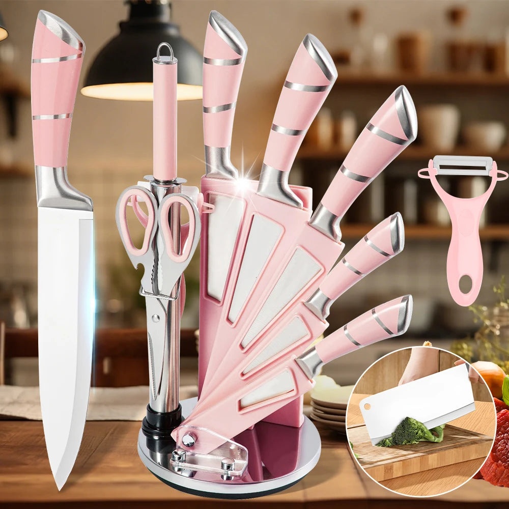 9PCS Kitchen Knife Set Stainless Steel Hollow Handle Sharp Meat Cutting Cooking Knife Scissors Bread Knife Fruit Peeler
