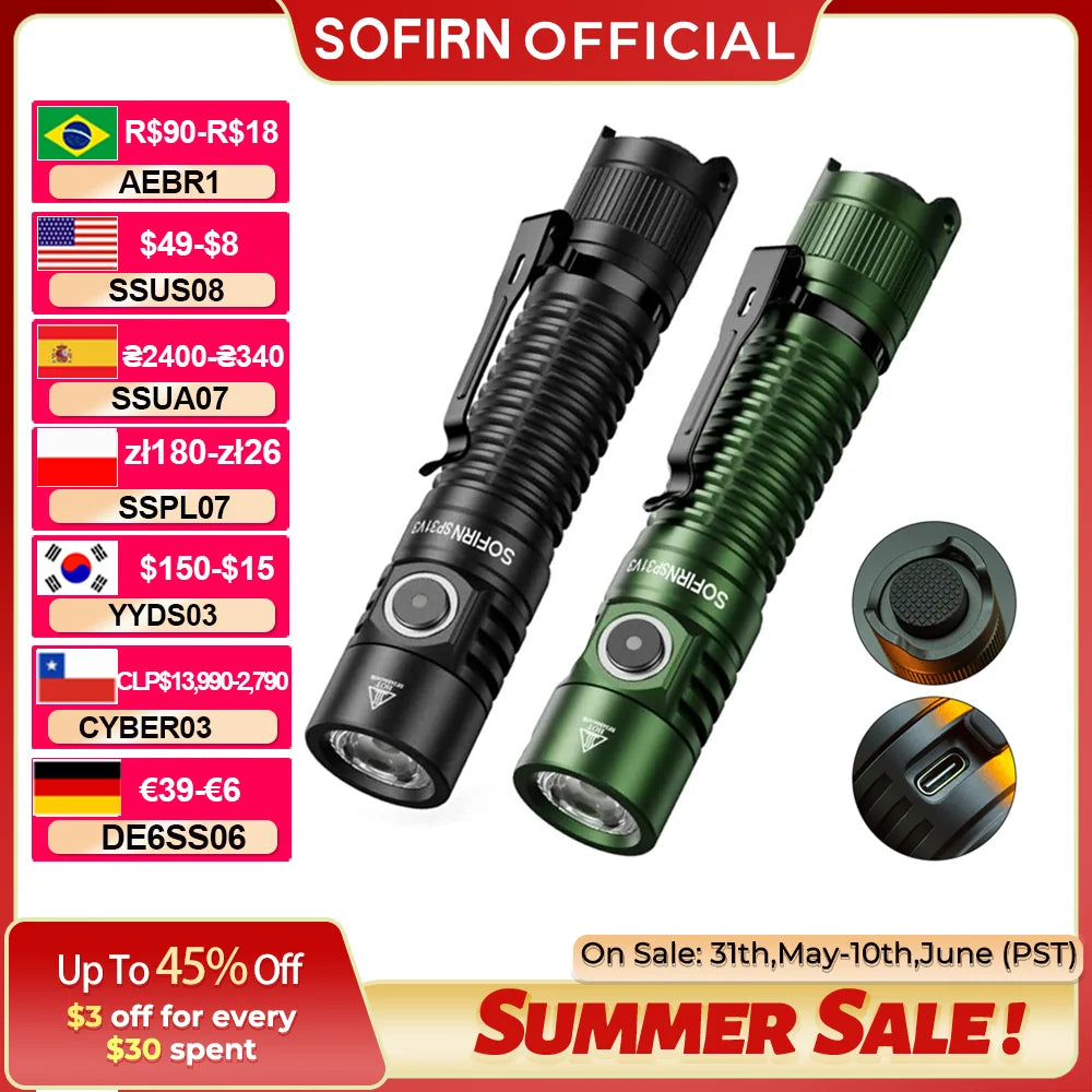 Powerful Tactical Flashlight, 2000lm, LED Torch, USB C Rechargeable Light