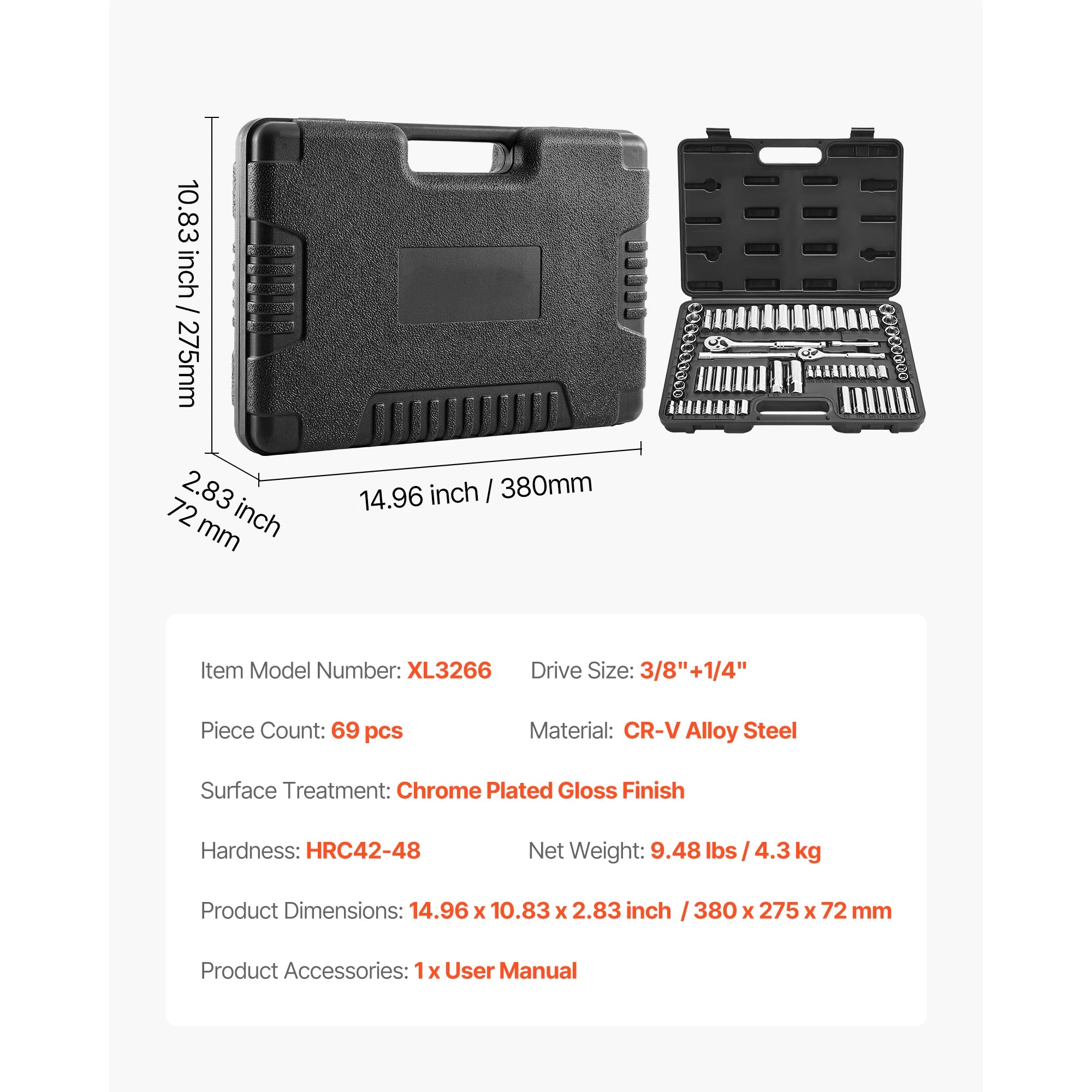 Socket Set 86 Pieces 3/8 ,1/4, or 1/2in Drive Socket and Ratchet Set, SAE Metric Mechanic Tool Kit with Ratchet Wrench