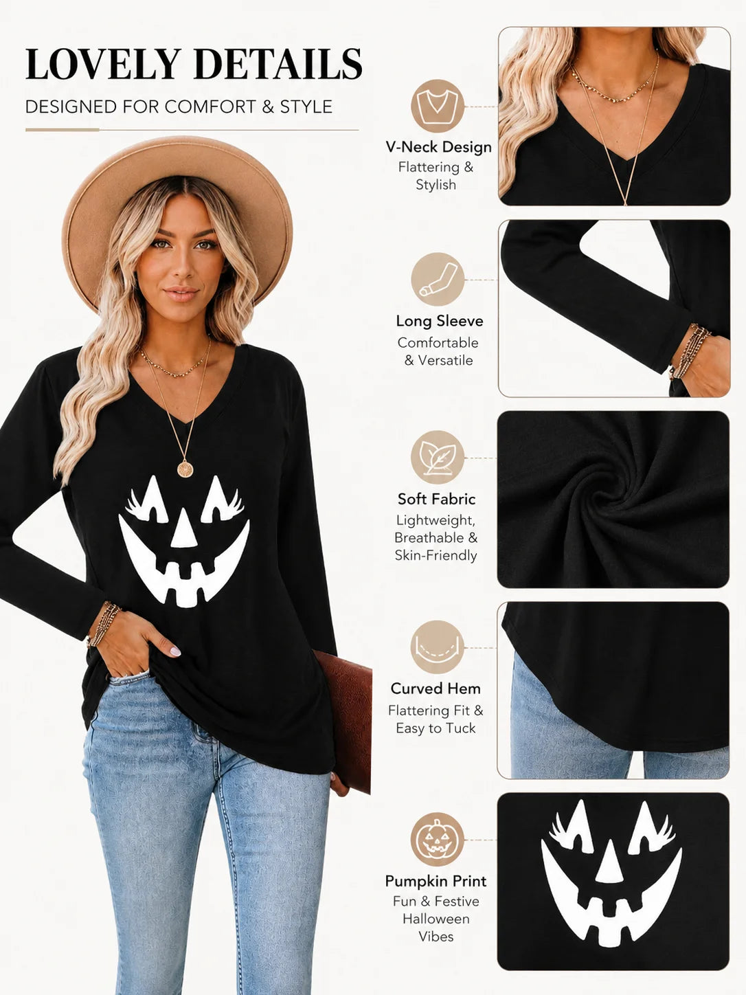 Halloween Pumpkin Graphic Long Sleeve Shirts for Women V Neck Cute Eyelash Pumpkin Face Tee Casual Loose Fall Holiday Outfit Tops