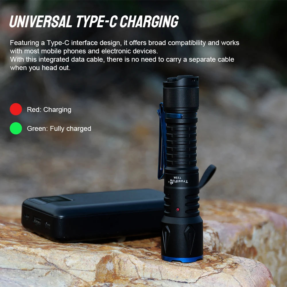 Trustfire T25R 2000 Lumen Dual-Tail-Switch Tactical Flashlight One-Touch Strobe Type-C Rechargeable Battery IPX7 Waterproof