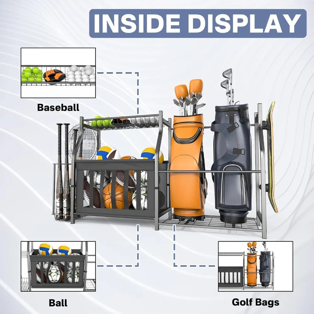 Garage Sports Equipment Organizer, Ball Storage Stand, Indoor Golf Bags Stand for Garage
