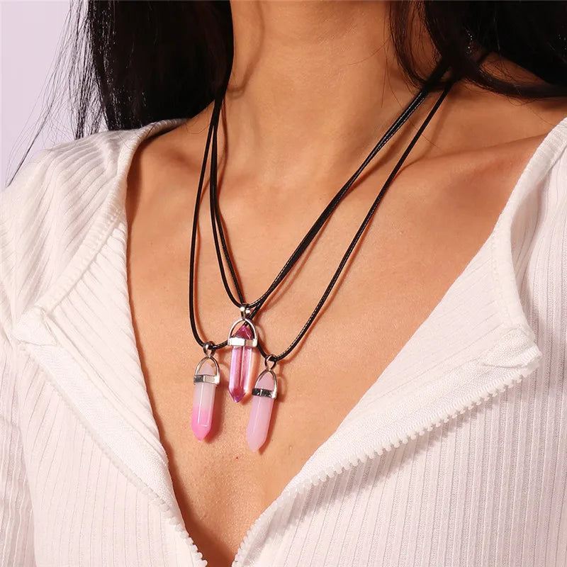 Stone Quartz Gem, Pink Crystal Stone Hexagonal Column Pendant, Necklaces, Leather Chain Bullet Necklace