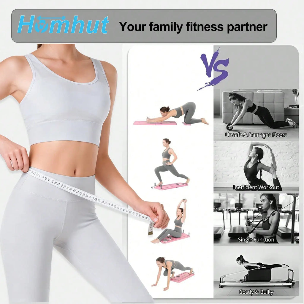 Multi-Functional Pilates Reformer Board with Counter, Foldable Sliding Workout Board for Full Body Training, Abdominal Leg Arm Home Fitness Equipment with Resistance Bands