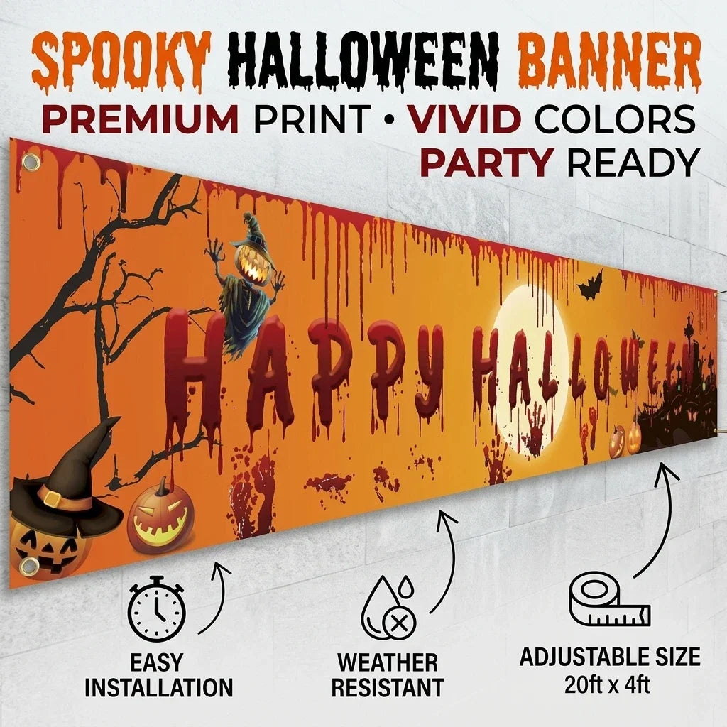 Halloween Banner Backdrop Large Happy Halloween Sign for Outdoor Yard Decorations Spooky Bloody Photography Background for Party Supplies Haunted House Garden Wall Decor Photo Booth Prop