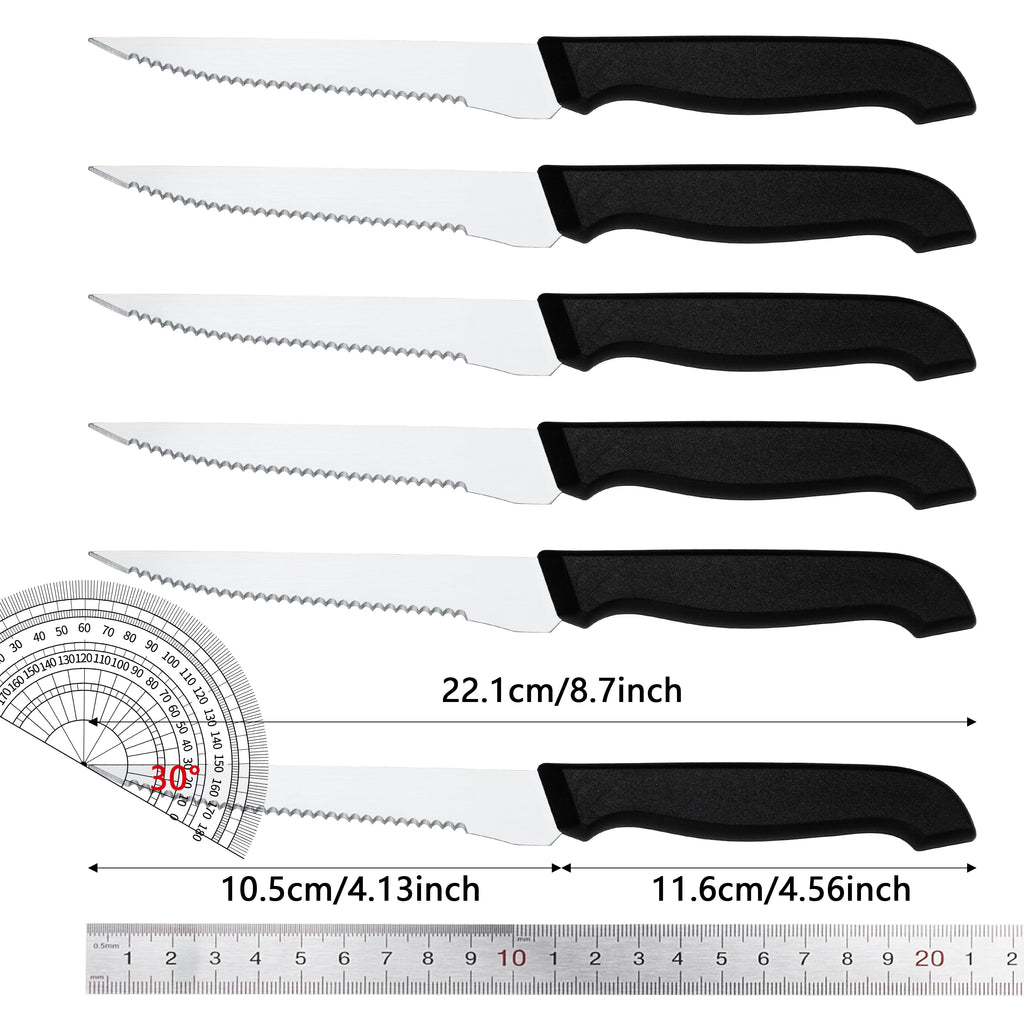 6Pcs Serrated Steak Knife Set Stainless Steel Sharp Table Knives Black Ergonomic Handle Dinner Cutlery For Home Restaurant BBQ Meat Cutting Kitchen Tool