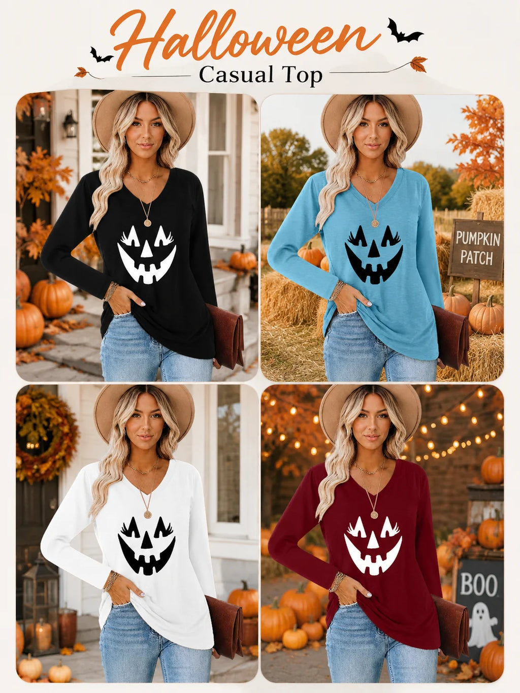 Halloween Pumpkin Graphic Long Sleeve Shirts for Women V Neck Cute Eyelash Pumpkin Face Tee Casual Loose Fall Holiday Outfit Tops