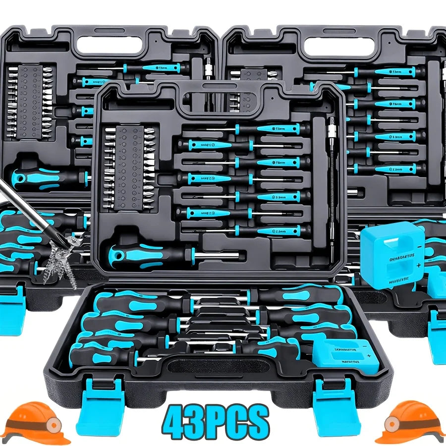 43-piece Magnetic Screwdriver Set, featuring magnetized and demagnetizing tools — including interchangeable screwdriver bits, ergonomic handles, and a magnetic base — designed for manual tools used in automotive and elect