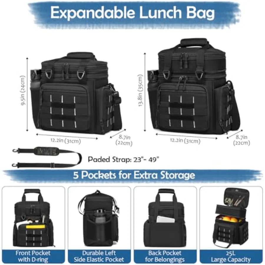 Tactical Lunch Box for Men 25 L Insulated Expandable Large Lunch Bag Cooler Bag for Men Double Deck Soft Mens Lunchbox for Work