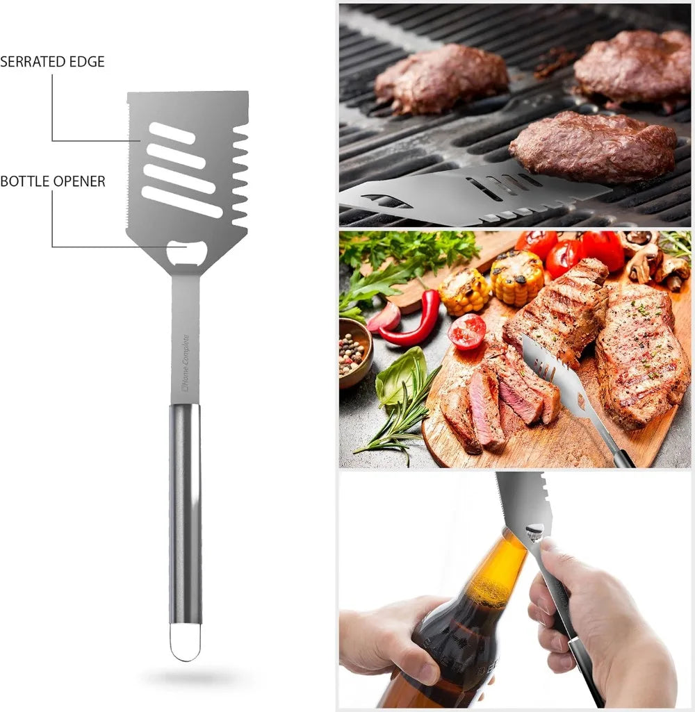7-Piece BBQ Grill Tool Kit - Stainless Steel Set with Spatula, Tongs, Fork, Knife, Brush, Skewers & Case