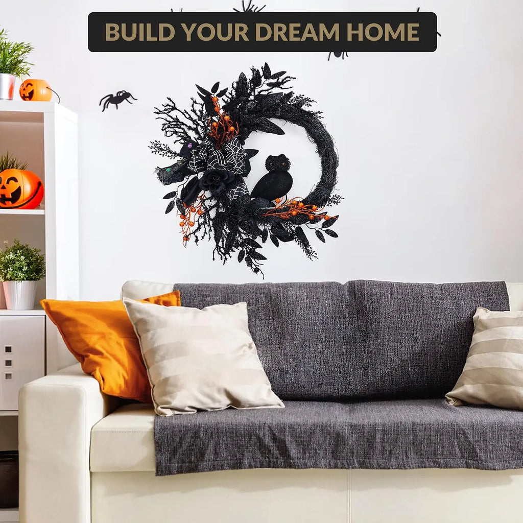 20 Inch Halloween Owl Wreath with Natural Vines and Black Artificial Roses – Front Door, Porch, Wall Decor for Indoor Outdoor Party Home
