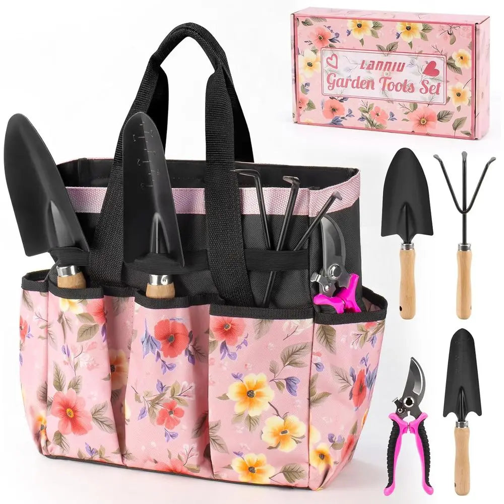5-Piece Pink Gardening Tool Set with Floral Bag