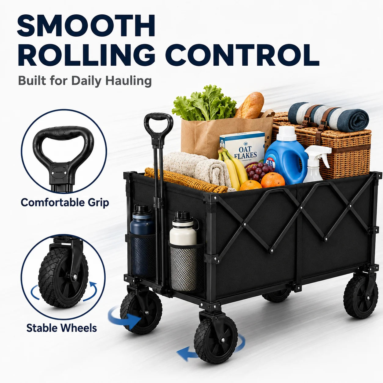 Heavy Duty Collapsible Camping Wagon, Large Capacity Foldable Utility Cart with Side Storage Pockets & All-Terrain Wheels for Outdoor Travel, Grocery Shopping & Yard Work