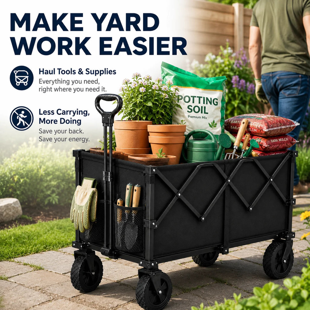 Heavy Duty Collapsible Camping Wagon, Large Capacity Foldable Utility Cart with Side Storage Pockets & All-Terrain Wheels for Outdoor Travel, Grocery Shopping & Yard Work