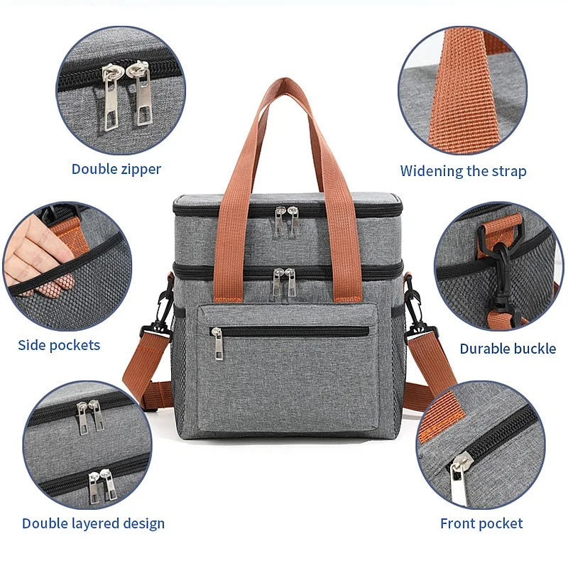 1PC Large Capacity Double Layers Thermal Insulation Lunch Bag Picnic Tote Food Drink Storage Cooler Bag with Shoulder Strap