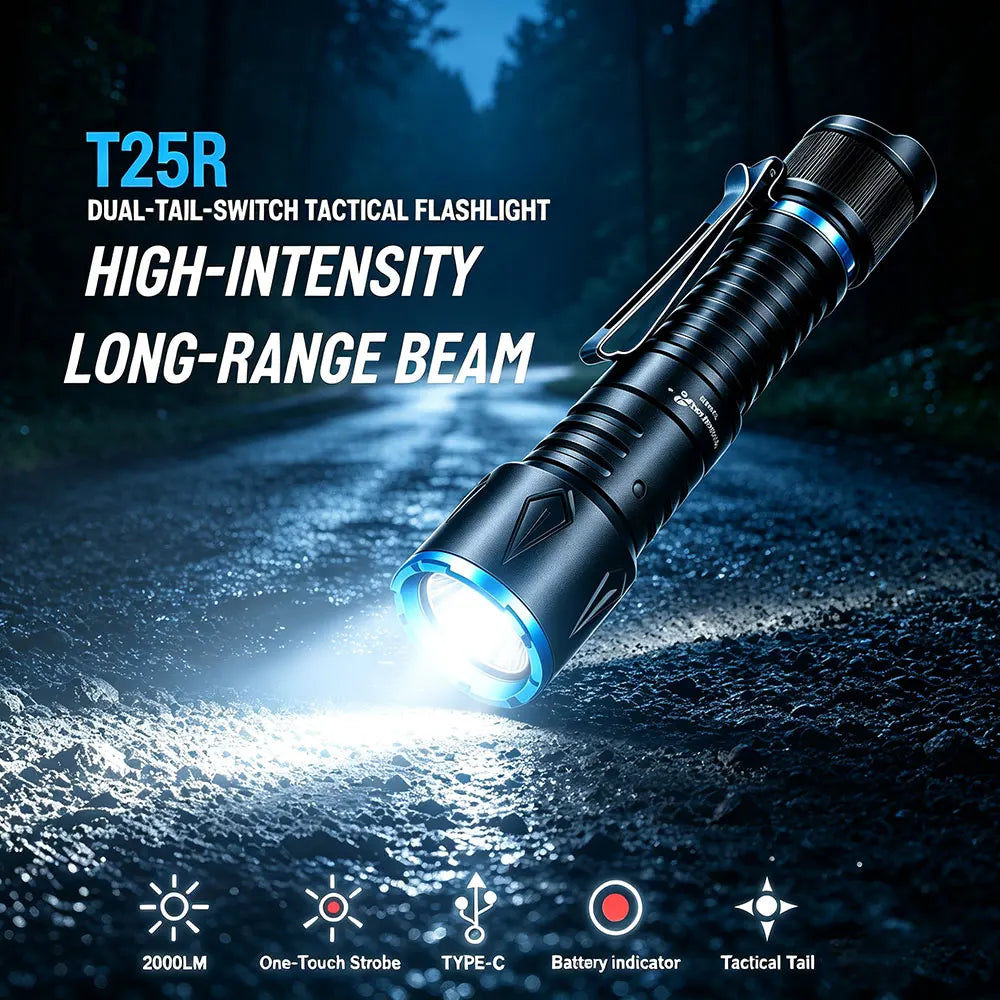 Trustfire T25R 2000 Lumen Dual-Tail-Switch Tactical Flashlight One-Touch Strobe Type-C Rechargeable Battery IPX7 Waterproof