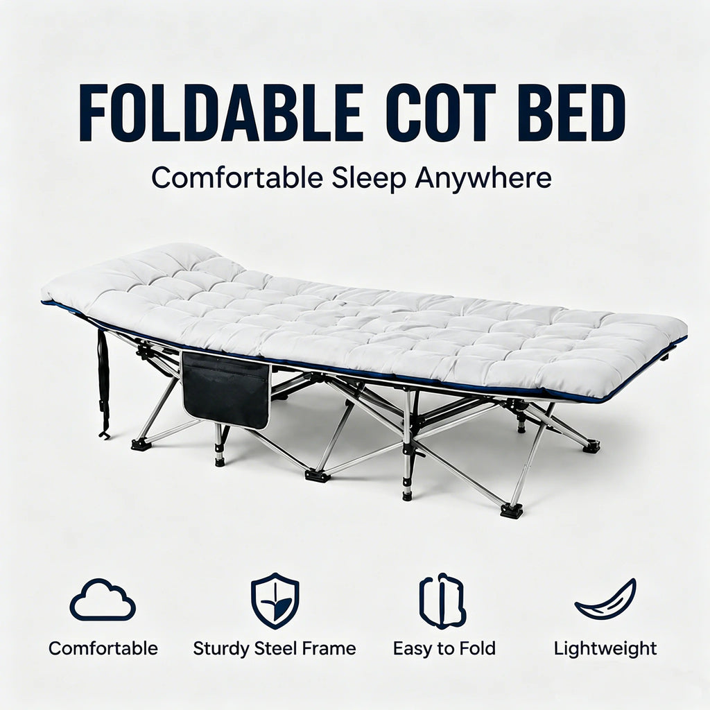 Foldable Cot Bed with Thick Mattress - Portable Camping Nap Bed, Sturdy Steel Frame, Easy Fold & Lightweight for Indoor/Outdoor Use