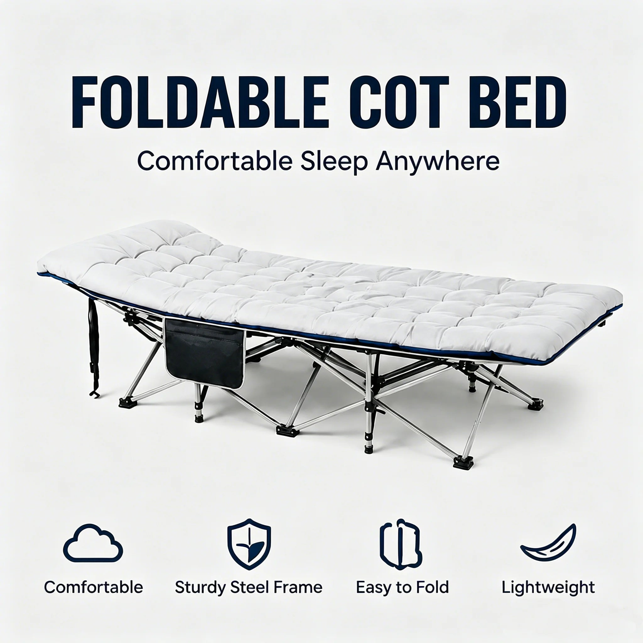 Foldable Cot Bed with Thick Mattress - Portable Camping Nap Bed, Sturdy Steel Frame, Easy Fold & Lightweight for Indoor/Outdoor Use