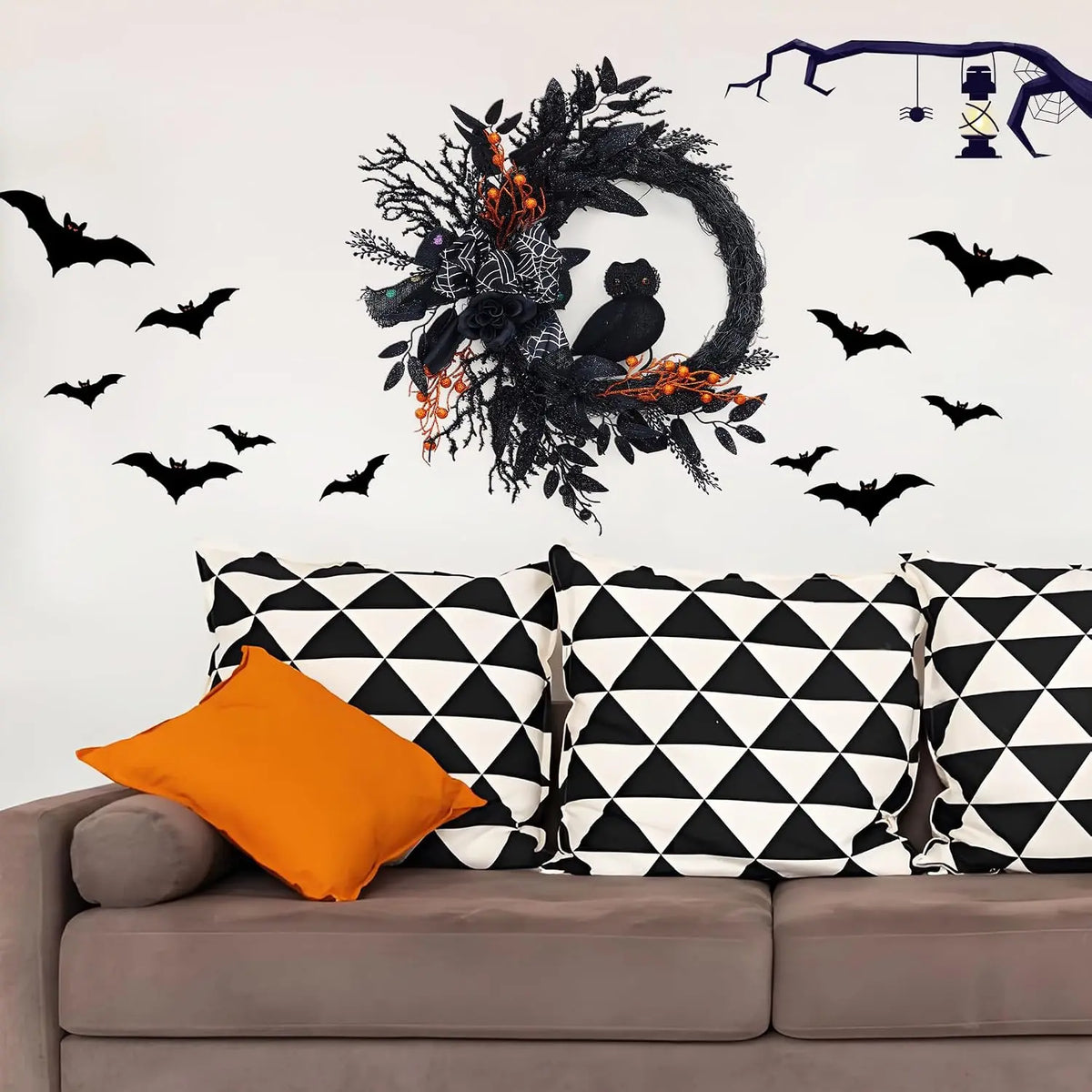20 Inch Halloween Owl Wreath with Natural Vines and Black Artificial Roses – Front Door, Porch, Wall Decor for Indoor Outdoor Party Home