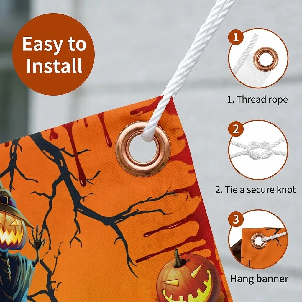Halloween Banner Backdrop Large Happy Halloween Sign for Outdoor Yard Decorations Spooky Bloody Photography Background for Party Supplies Haunted House Garden Wall Decor Photo Booth Prop