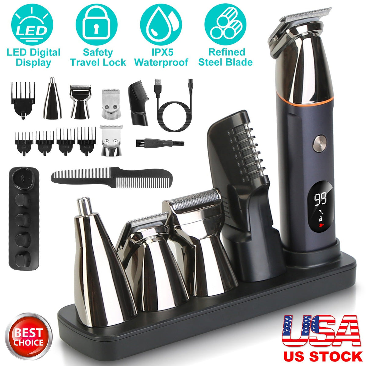 All In One Beard Trimmer for Men With 5 Trimmer Heads IPX5 Waterproof Electric Razor For Face Nose Body Beard Cordless Hair Shaver Clipper Grooming Ki