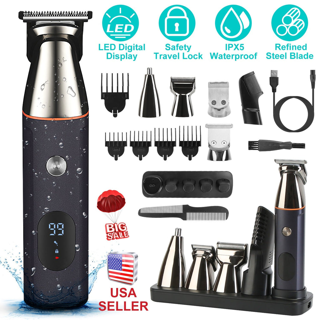 All In One Beard Trimmer for Men With 5 Trimmer Heads IPX5 Waterproof Electric Razor For Face Nose Body Beard Cordless Hair Shaver Clipper Grooming Ki