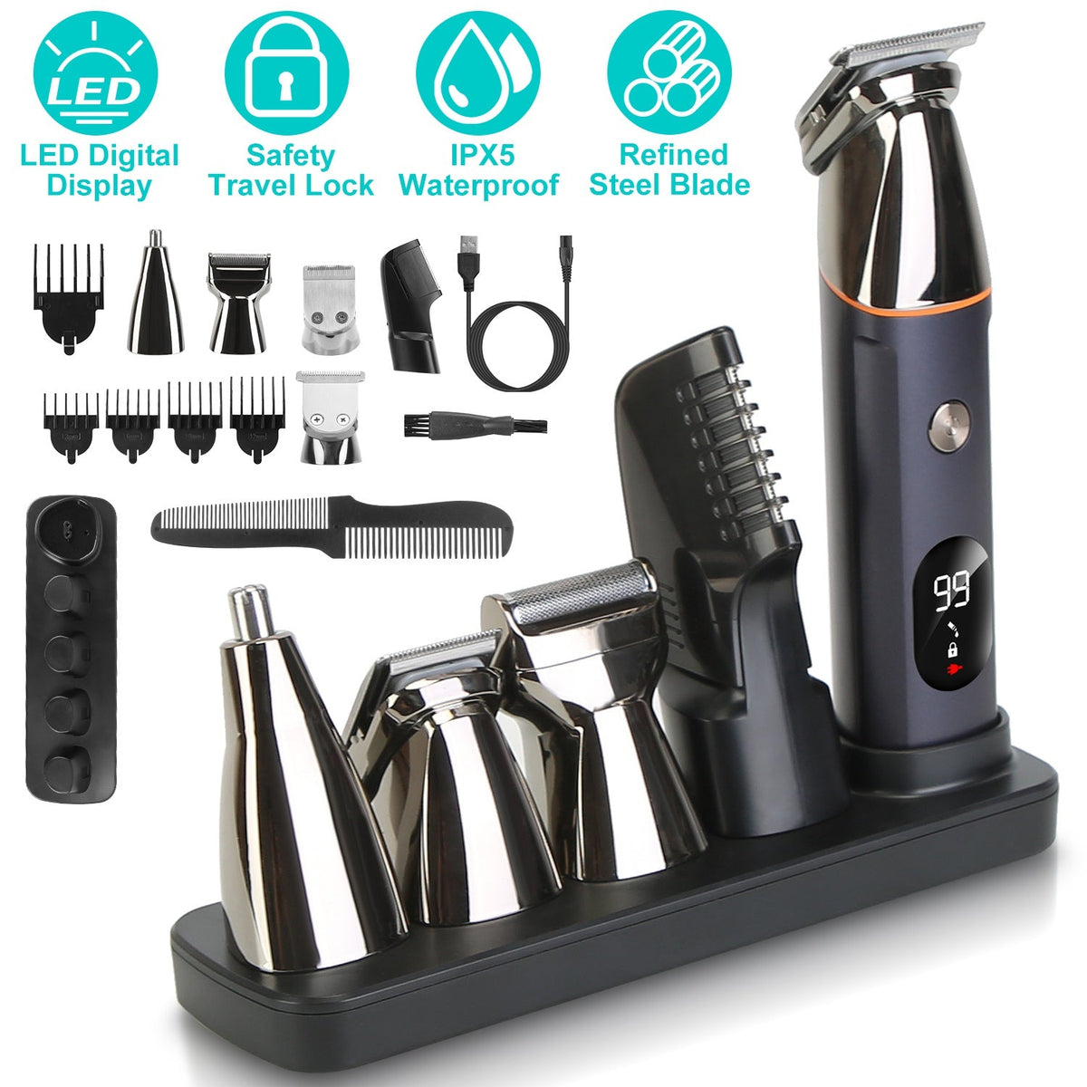 All In One Beard Trimmer for Men With 5 Trimmer Heads IPX5 Waterproof Electric Razor For Face Nose Body Beard Cordless Hair Shaver Clipper Grooming Ki