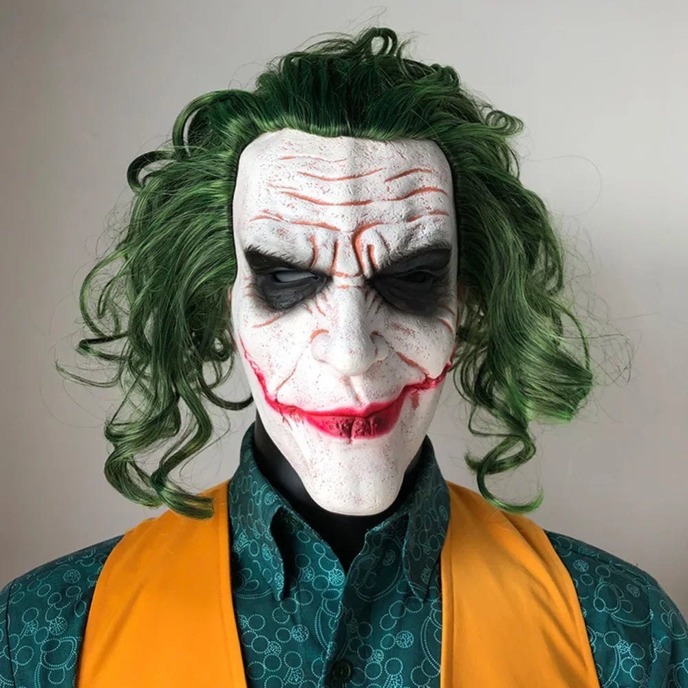 Joker Mask Cosplay Latex Masks With Green Hair Wig Scary Halloween Party Costume Props